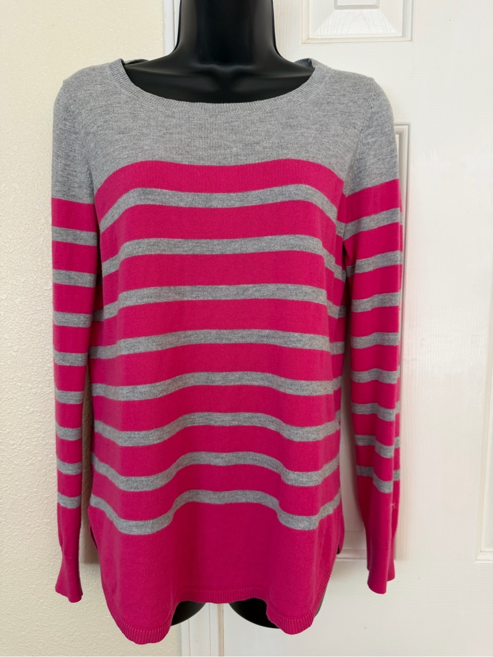 Boden Gray and Hot Pink Striped Crewneck Sweater